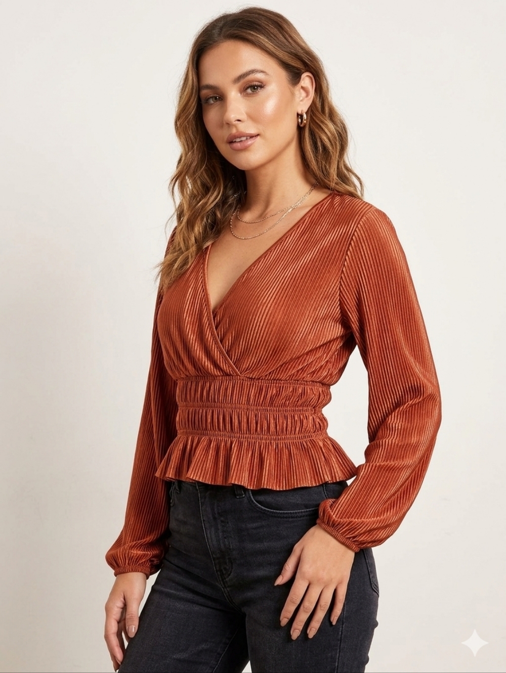 Rock & Roll Denim Copper Pleated Surplice Blouse - Long Sleeve Smocked Waist